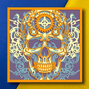 May include: A purple and blue skull with intricate gears and cogs surrounding it. The skull is outlined in orange and the gears are in shades of yellow and white.