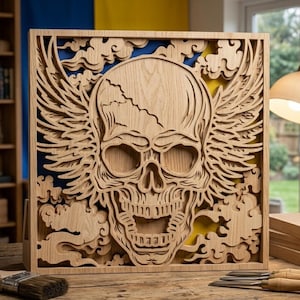 May include: A square, wooden artwork with a layered design of a skull with wings and cloud motifs. The light-coloured wood carving reveals a blue and yellow background. The piece is displayed upright, showcasing the intricate cut-out details.
