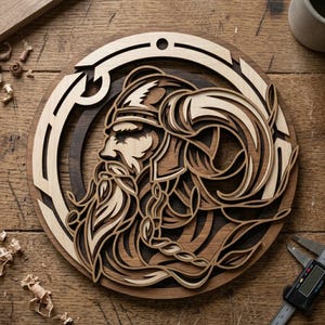 Puede incluir: Una pieza de arte mural de madera en capas que presenta un perfil detallado de un guerrero vikingo con una larga barba y un casco con cuernos. La obra de arte es circular, con varios tonos de madera marrón y beige que crean un efecto 3D. El diseño es intrincado y parece cortado con láser.