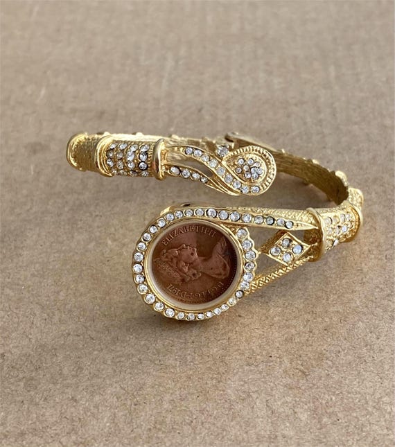 Vintage up-cycled gold plated open hinge bangle - decorative with a vintage coin - upcycled gift - unique gift - one-of-a-kind - gift