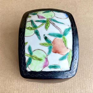 Vintage Chinese Lacquered Trinket Box: Hand-Painted Porcelain Inlay, c1920s