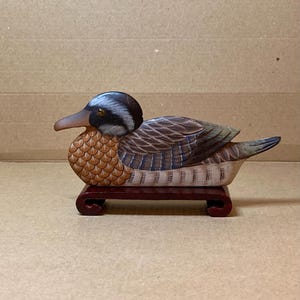 Hand Carved And Painted Stone Duck Figurine With Wood Stand Statue Decoration - For Duck Lovers - House Warming Gift -  Birthday Day gift