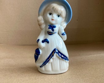 Blue and white dress girl with umbrella porcelain vintage figurine doll - Shelf Decors