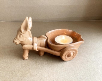 Vintage Handmade Ceramic Clay Donkey Pulling Cart Planter and Tealight Holder - Cart Planter - Home Decor
