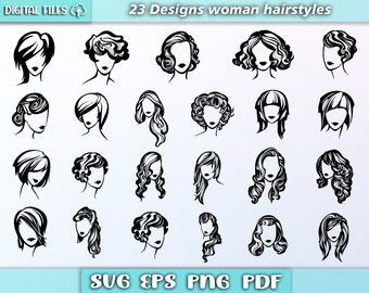 Coiffures pour femmes SVG/Coiffures Bundle/Coiffure pour femmes/Coiffure vectorielle/Silhouette cheveux/EPS/PDF/Png/SVG/Coiffure clipart