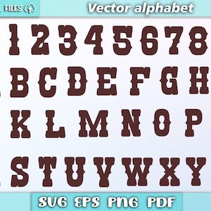 May include: A brown vector alphabet with numbers and letters in a western style font. The letters have a decorative border. The text "Vector alphabet" is at the top of the image. The text "SVG EPS PNG PDF" is at the bottom of the image.