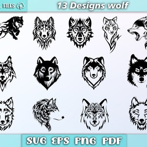 Może przedstawiać: Trzynaście czarno-białych wzor&oacute;w sylwetki wilka. Wzory są w r&oacute;żnych pozach, w tym wycie, bieganie i stanie. Tekst "13 Designs wolf" znajduje się w g&oacute;rnej części obrazu. Tekst "SVG EPS PNG PDF" znajduje się w dolnej części obrazu.