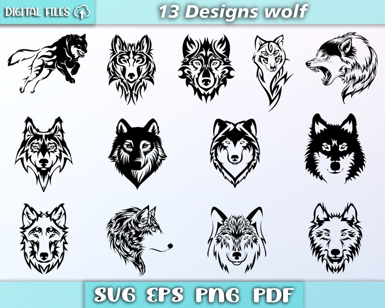 Może przedstawiać: Trzynaście czarno-białych wzor&oacute;w sylwetki wilka. Wzory są w r&oacute;żnych pozach, w tym wycie, bieganie i stanie. Tekst "13 Designs wolf" znajduje się w g&oacute;rnej części obrazu. Tekst "SVG EPS PNG PDF" znajduje się w dolnej części obrazu.