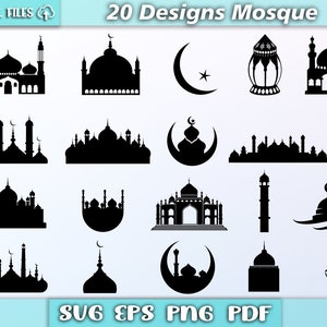May include: A set of 20 black and white silhouette designs of mosques. The designs include different styles of mosques, including traditional and modern. The designs are perfect for use in crafts, scrapbooking, and other creative projects.