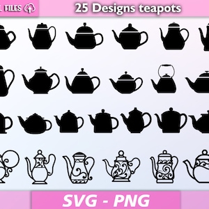 Pode incluir: Um conjunto de 25 desenhos de silhuetas de bules em preto e branco. Os desenhos são de vários estilos, incluindo tradicional, moderno e caprichoso. O texto "25 Designs teapots" está na parte superior da imagem. O texto "SVG - PNG" está na parte inferior da imagem.