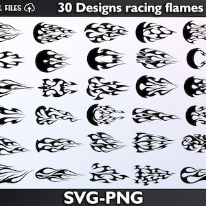 Puede incluir: Una colección de 30 diseños gráficos de llamas de carreras en color negro dispuestos en una cuadrícula. El texto "30 Designs racing flames" aparece en la parte superior y "SVG-PNG" en la inferior. Cada diseño de llama tiene una forma estilizada única.