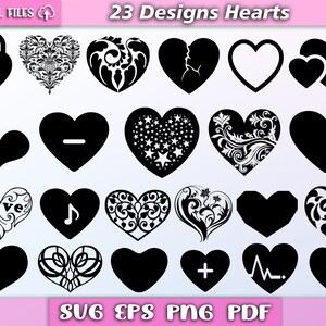 Puede incluir: 23 diseños de corazones en blanco y negro en varios estilos, incluyendo un candado, una nota musical, estrellas y patrones florales. El texto "23 Designs Hearts" está en la parte superior de la imagen. El texto "SVG EPS PNG PDF" está en la parte inferior de la imagen.