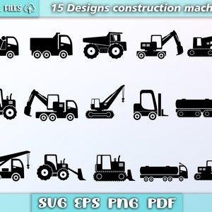 Puede incluir: Un conjunto de 15 ilustraciones en silueta en blanco y negro de vehículos de construcción. Los vehículos incluyen una mezcladora de cemento, un camión volquete, un camión volquete con una caja, una excavadora, una grúa, una excavadora, una carretilla elevadora y un camión cisterna.