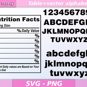 Valeur nutritive svg/ tableaux de la valeur nutritive / vecteur nutriton / alphabet de faits svg / police nutritionnelle svg / clipart nutritionnelle / svg / png