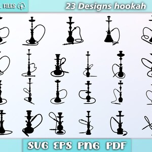 May include: 23 black and white silhouette designs of hookahs, a traditional water pipe used for smoking tobacco. The designs vary in shape and size, with some featuring intricate details.