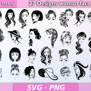 女性の顔 svg/女性の顔バンドル/顔のシルエット/女性のヘアスタイル svg/svg カット ファイル/女性の顔クリップアート/png/svg