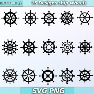 Puede incluir: Quince diseños de ruedas de barco en blanco y negro. SVG PNG.