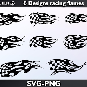 Peut inclure: Une collection de huit motifs graphiques numériques en noir et blanc représentant des flammes de course avec des motifs de drapeau à damier. Le texte "DIGITAL FILES", "8 Designs racing flames" et "SVG-PNG" est visible.