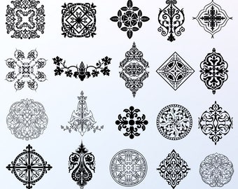 Könnte beinhalten: Eine digitale Grafikdatei mit 20 schwarz-weißen Zierdesigns. Die Designs umfassen florale, geometrische und symmetrische Muster. Der Text "20 Designs pattern" und "SVG - PNG" sind ebenfalls vorhanden.