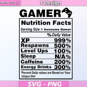 Gamer nutrition faits svg/ nutrition faits vecteur/ gamer svg/ gamer clipart/ nutrition facrs table svg/ eps/png/svg/pdf