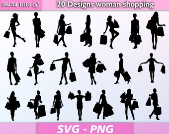 Einkaufssvg/ Frau einkaufen/ Frau Silhouette/ Mädchen Silhouette/ Frau SVG/ Mädchen einkaufen SVG/ eps/pdf/png/svg