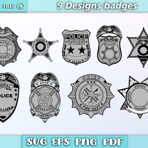 Puede incluir: Nueve diseños de insignias en blanco y negro para la policía, el sheriff y los bomberos. Las insignias presentan estrellas, escudos y otros símbolos.
