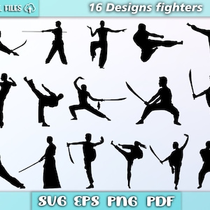 Puede incluir: Un conjunto de 16 diseños de silueta negra de luchadores en varias poses, incluyendo patadas, puñetazos y sosteniendo espadas. Los diseños son perfectos para crear camisetas personalizadas, tazas, pegatinas y otras manualidades.