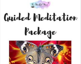 May include: A guided meditation package with a butterfly on a red flower and a path through a forest of golden leaves. The text "Guided Meditation Package" is at the top of the image. The text "Created by Laura Durenberger" is at the bottom of the image.