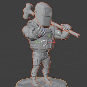 May include: A 3D-rendered figurine of a muscular figure wearing a welding mask and tactical vest, holding a hammer. The figure is in a dynamic pose, standing on a circular base. The color palette is monochromatic, with shades of gray.