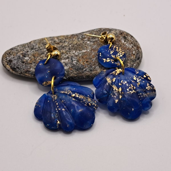 Polymer clay earrings imitation lapis lazzuli gold leaf shell