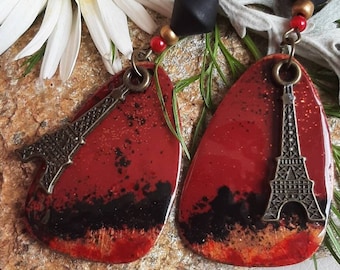 Boucles d'oreilles cuivre émaillé  tour eiffel métal bronze rouge feu noir jaune orangé