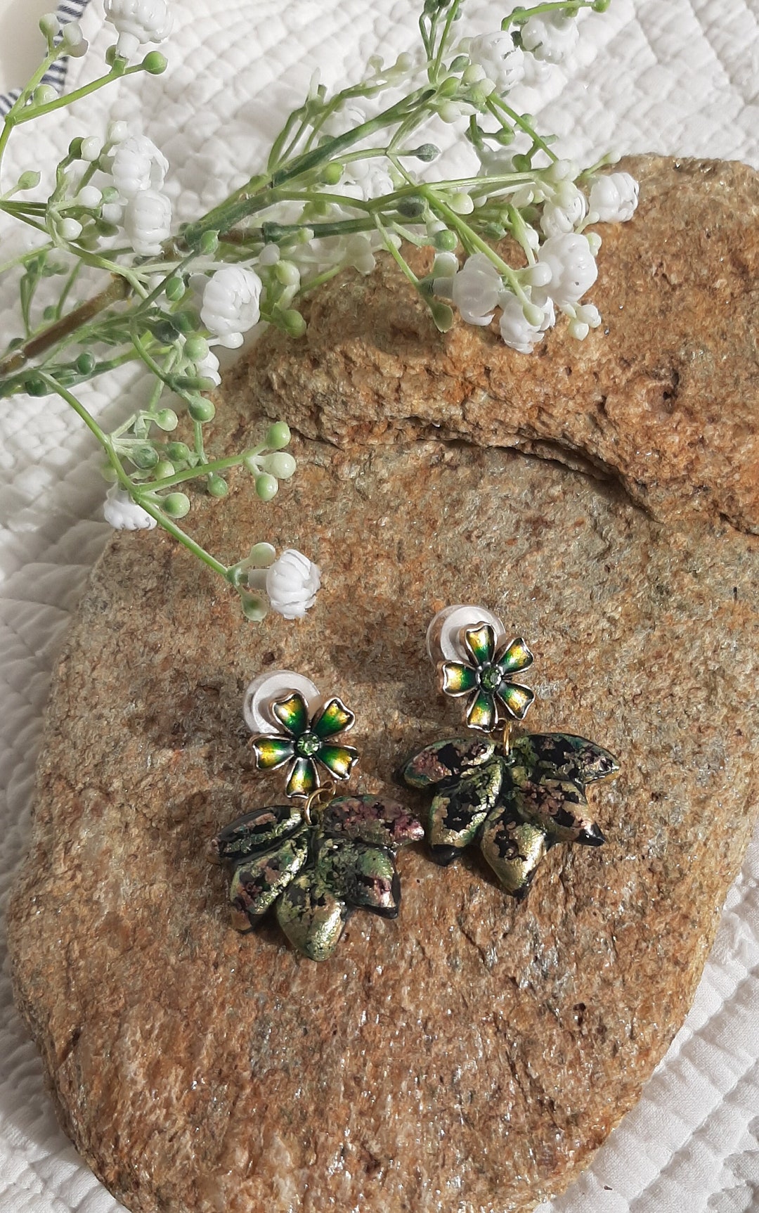 Varnished Polymer Clay Earrings Black Lotus Flower Green Gold Etsy