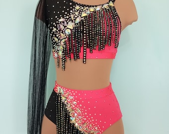 Child 14/AXS Jazz Costume, Black Red Neon Rhinestones Fringe, Hair Piece