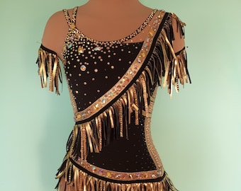 Jazz Costume, one piece. Black and Gold, Rhinestones, fringe, arm bands. Size Child 14/AXS