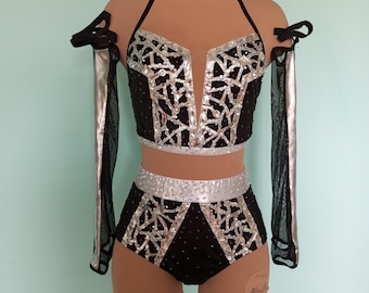 Jazz Costume, 2 piece, Black and Silver, Rhinestones, Hairpin. Gloves, Size Adult M