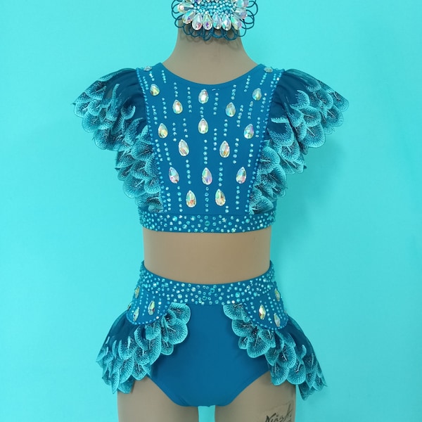 Jazz, musical theater 2 piece dance costume. Size child 9/10. Color: celadon blue (dark turquoise), hair piece