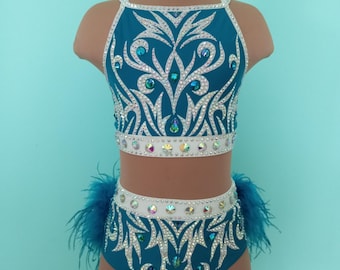 Jazz Dance Costume, Child Size 10, White & Teal, Applique, Rhinestones, Feathers,Hair Accessory