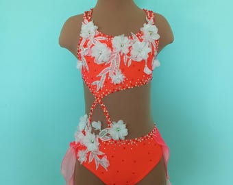 Red Lyrical Dance Costume, Child Size 9/10, 3D Flowers, Ombre Chiffon Skirt
