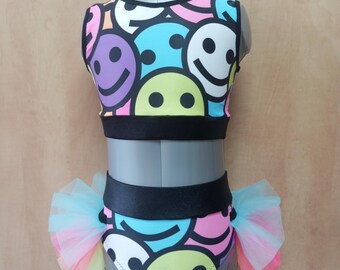 2 piece jazz dance costume, Size Child 5/6, multicolored with black, 3-layer tulle skirt. Hairpin french barrette, arm bands