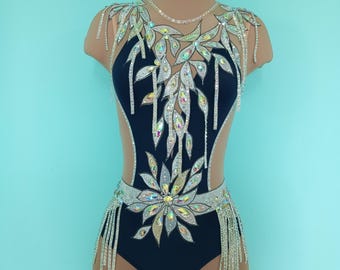 Jazz Dance Costume, One piece, Fringe, rhinestones, size Child XL (child 12), hairpin