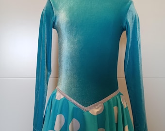 Turquoise Velvet Ice Skating Dress, Polka Dot Skirt, Child Size 8-10