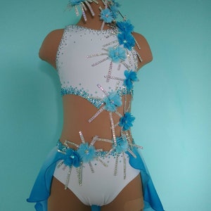 Lyrical dance costume, one piece, size Child 10, white with blue colors, 3D flowers, rhinestones, hair accessories