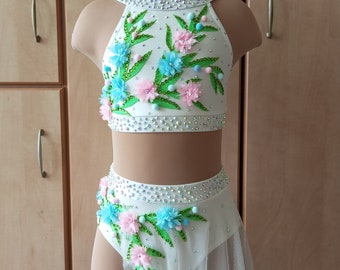 Lyrical 2 piece dance costume, size Child 7/8, cream color, net skirt, elastic applique and 3D flowers, crystals, hairpiece