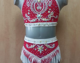 Jazz, musical theater, tap 2 piece dance costume, size Child 6/8, red berry color with white crystals, arm bands, hairpiece