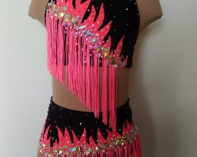 2 Piece Jazz Dance Costume With Flame Appliqué, Fringe and Rhinestones