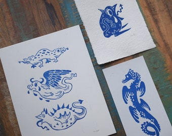 Dragons Triplet Linocut Prints
