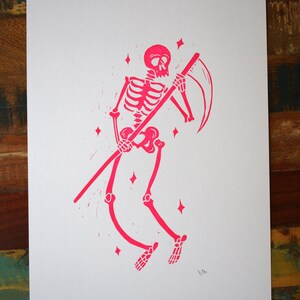 Skeleton Linocut - neon pink or black