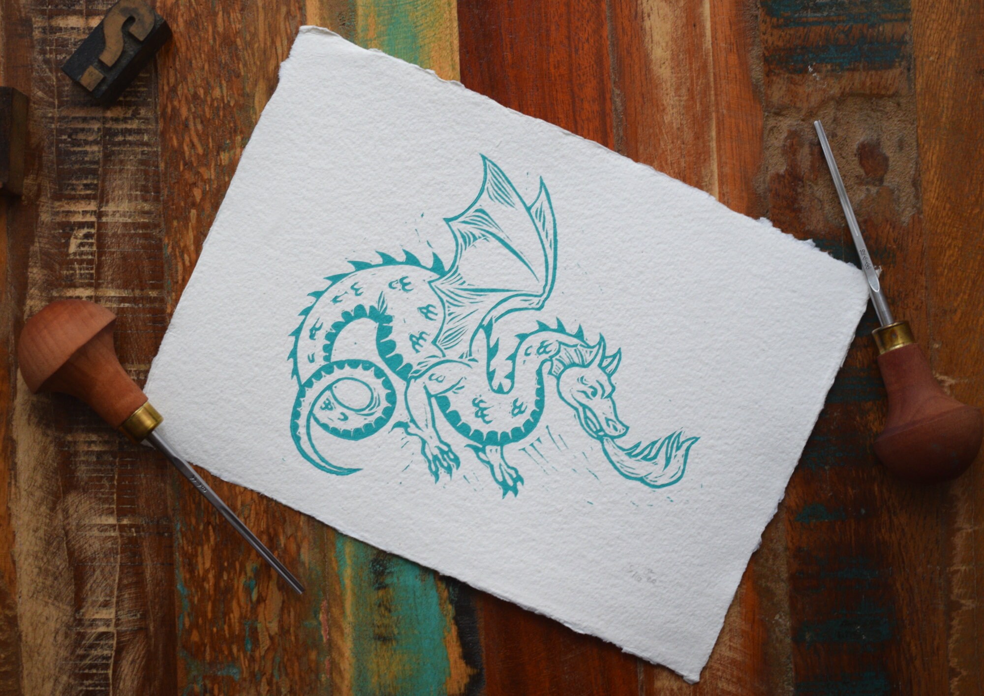 Dragon Linocut Print Medieval Animals Series Etsy