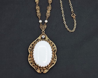 Vintage Signed West Germany White Milk Glass Pearl Filigree Necklace