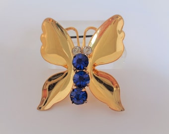 Vintage Coro Sterling Butterfly Brooch Pin with Cobalt Blue Rhinestone